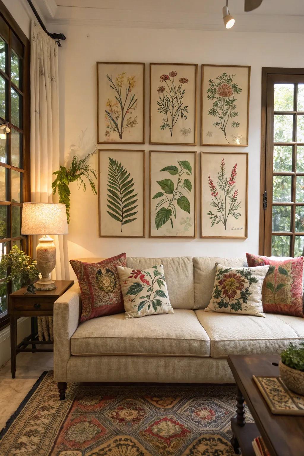 Nature-inspired art introduces a tranquil and natural atmosphere.