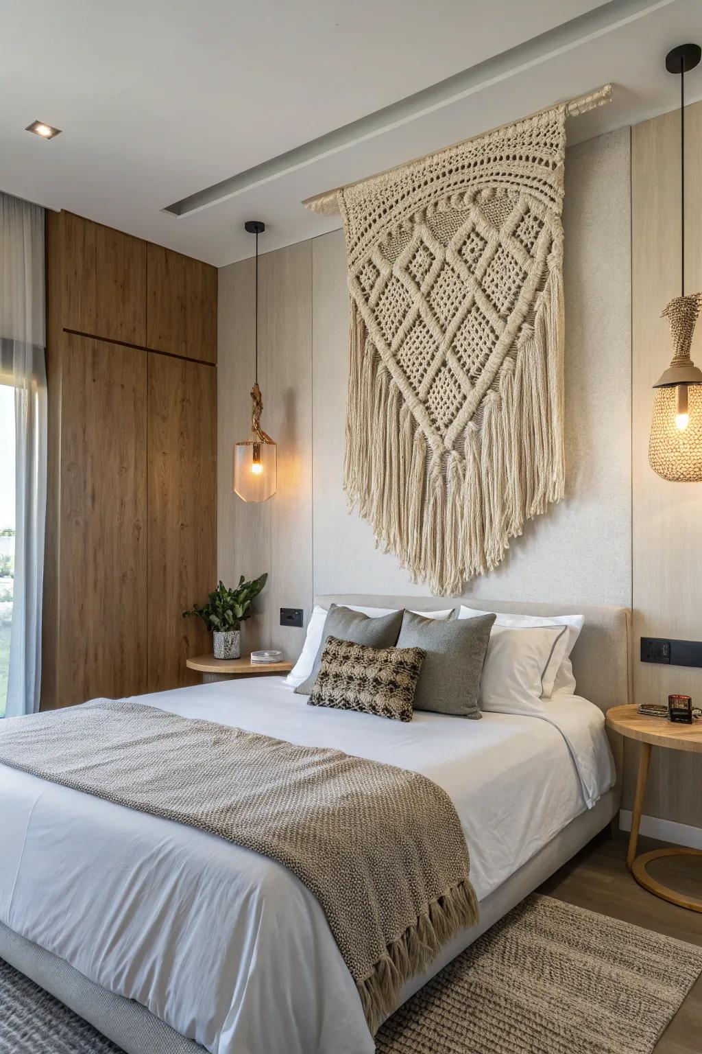 A woven wall hanging adding texture to a modern bedroom.