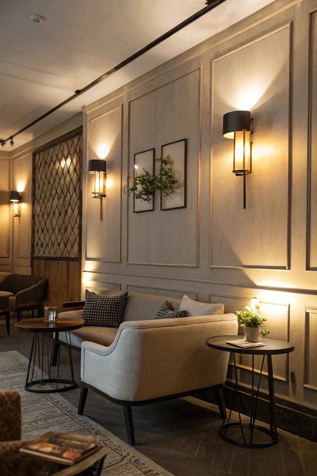 Uplighting sconces create a warm and welcoming atmosphere.