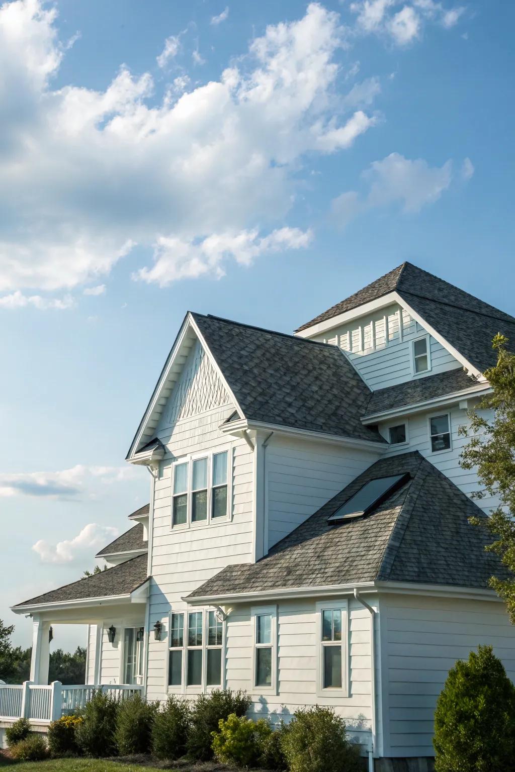 A white-clad home showcasing a remarkable varied roofing pattern.
