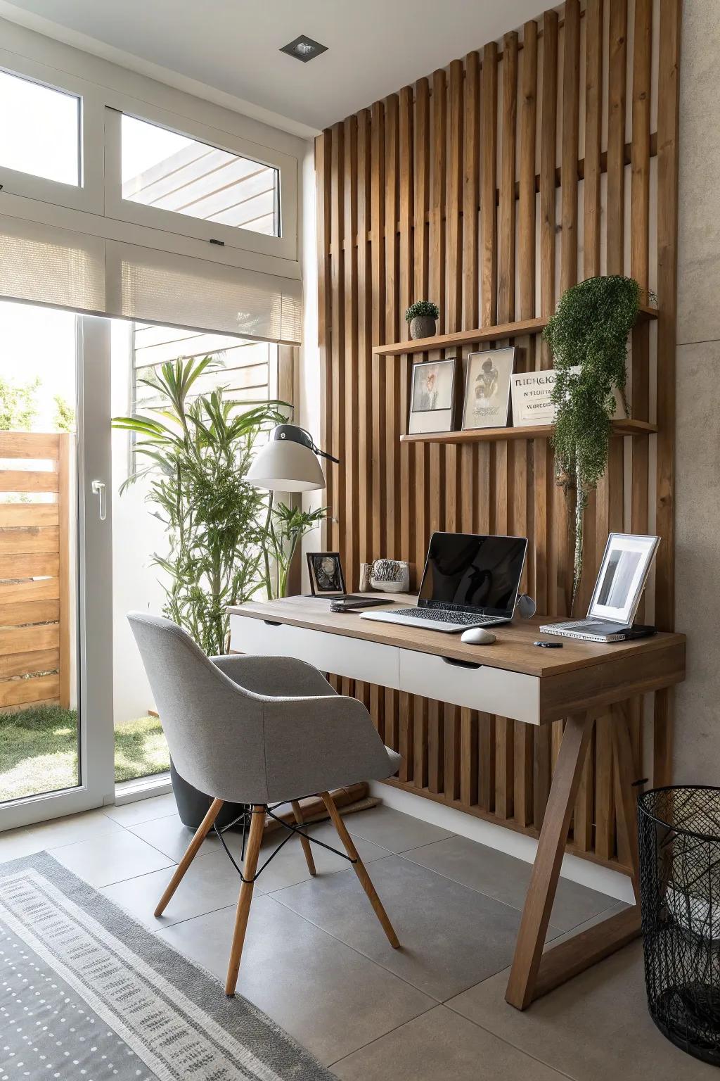 Elevate your home office with a wood slat backdrop, fostering enhanced productivity.