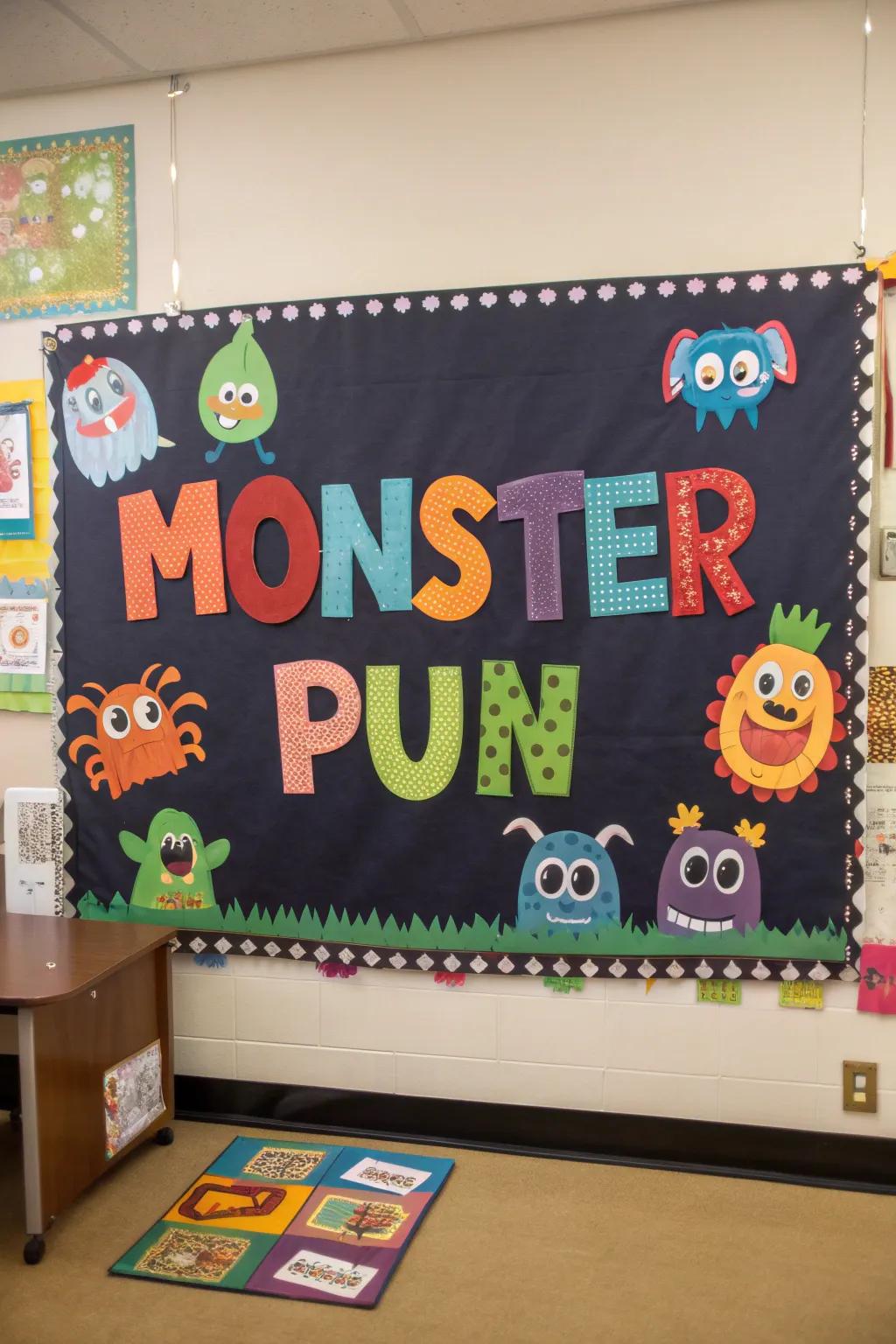 A pun-filled monster bulletin board that imparts humor and charm to any space.