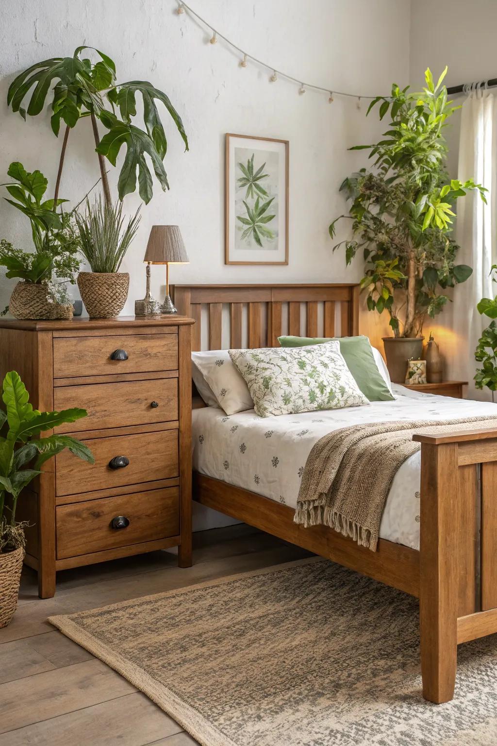 A serene bedroom showcasing wooden furniture and several potted plants.