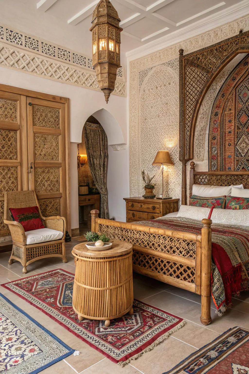 Organic materials ground the room in an earthy sophistication.