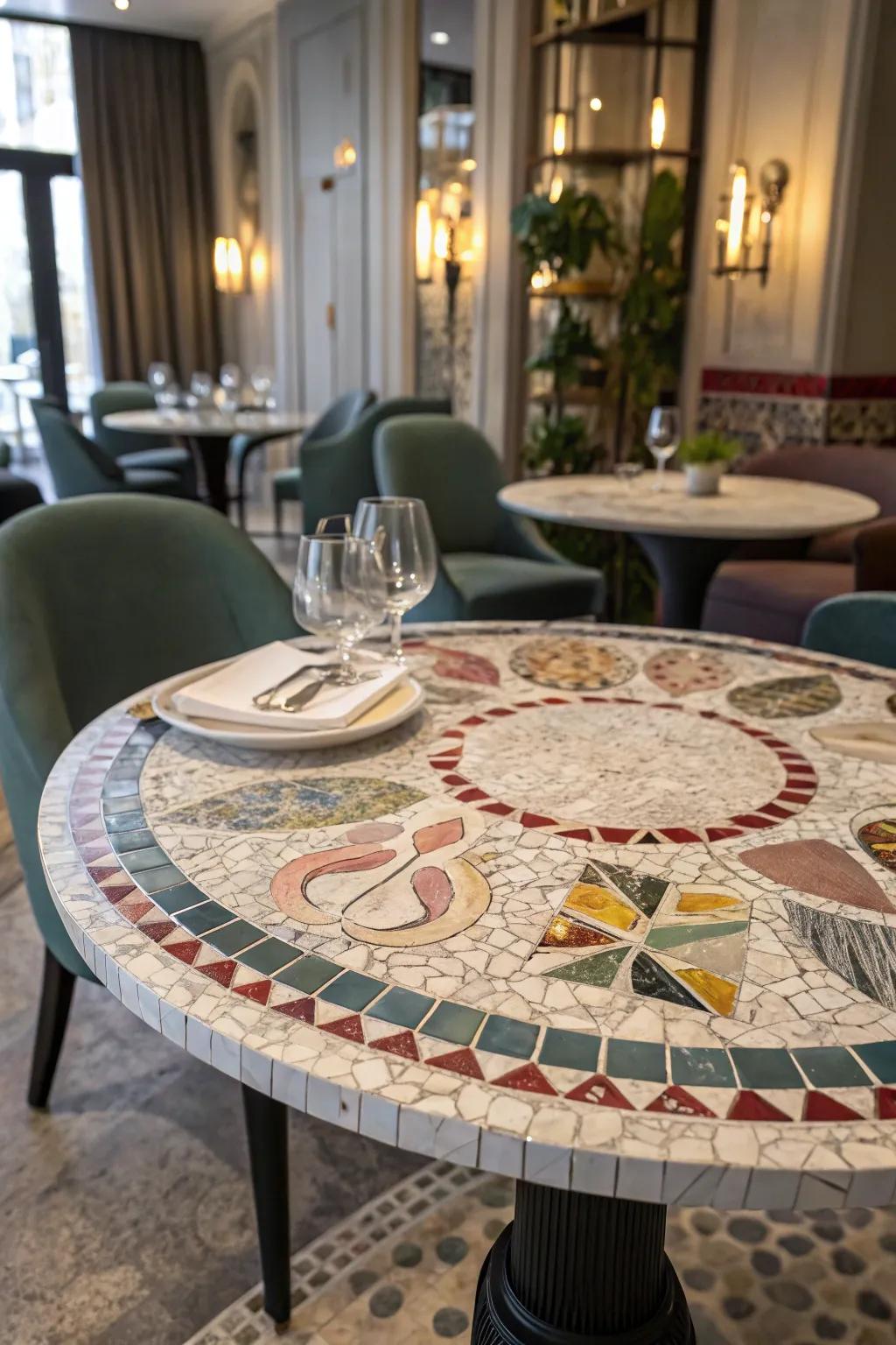 Fractured dinnerware discovers rejuvenation through elegant mosaic craftsmanship.