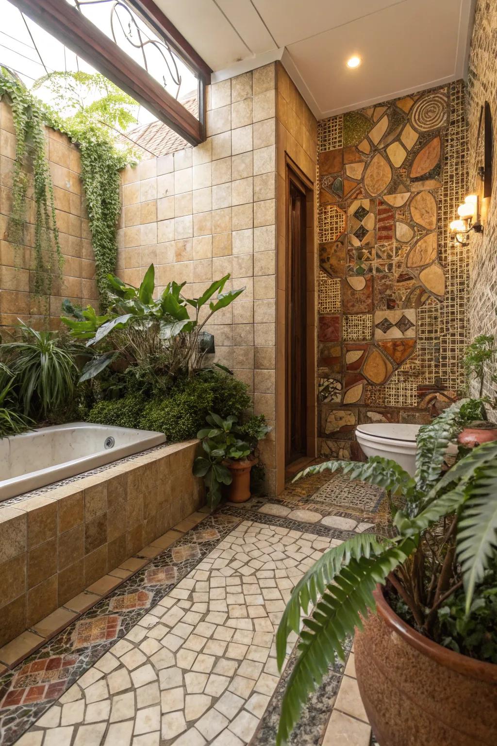 Achieve serenity with mosaic tiles in natural and earthy tones.