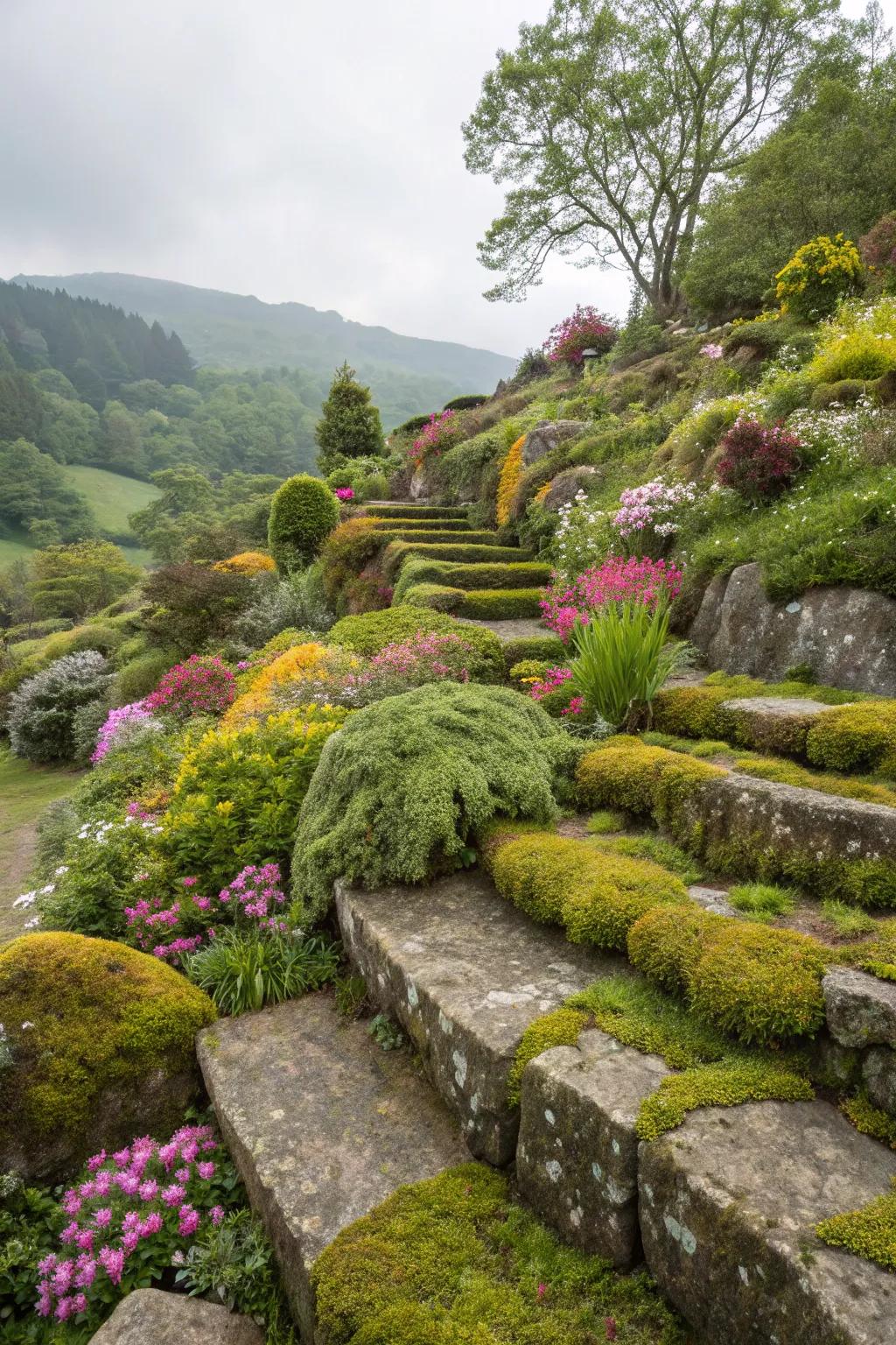A multi-tiered landscape exhibiting the charm of moss stone terraces.