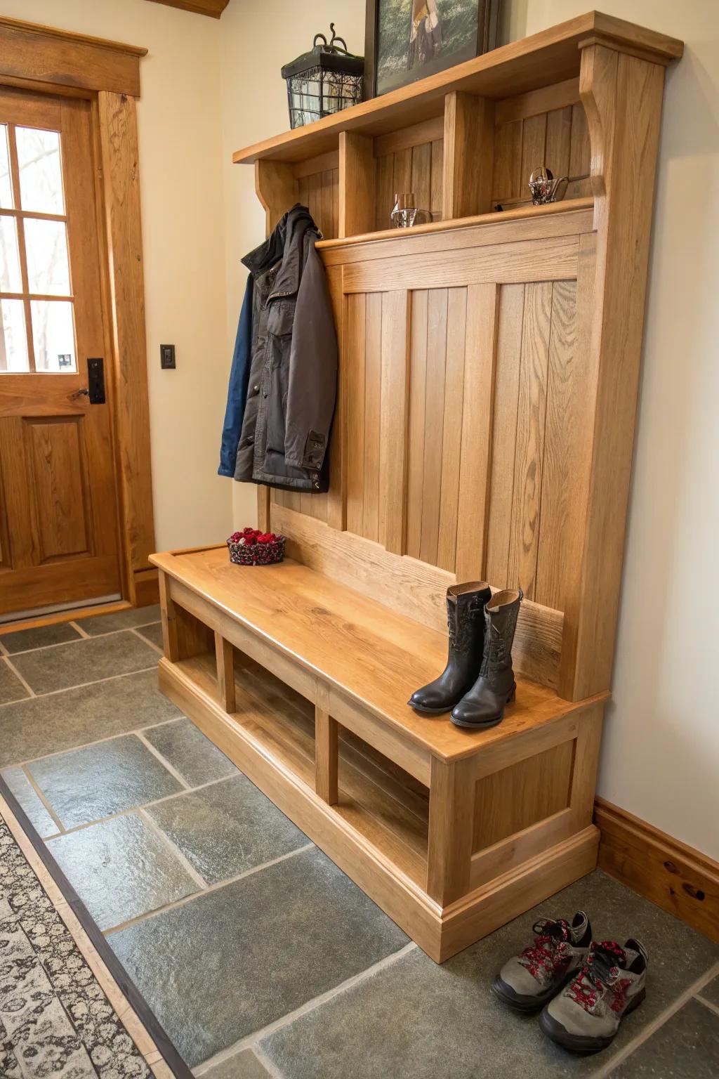 A mudroom seating showcasing the elegance of raw timber tones.