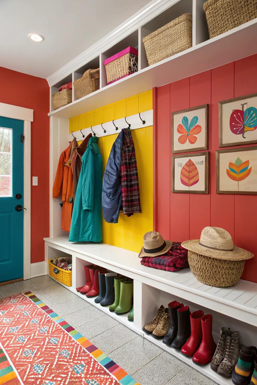 Mudroom with boldly colored walls that give the room personality and vibrancy.