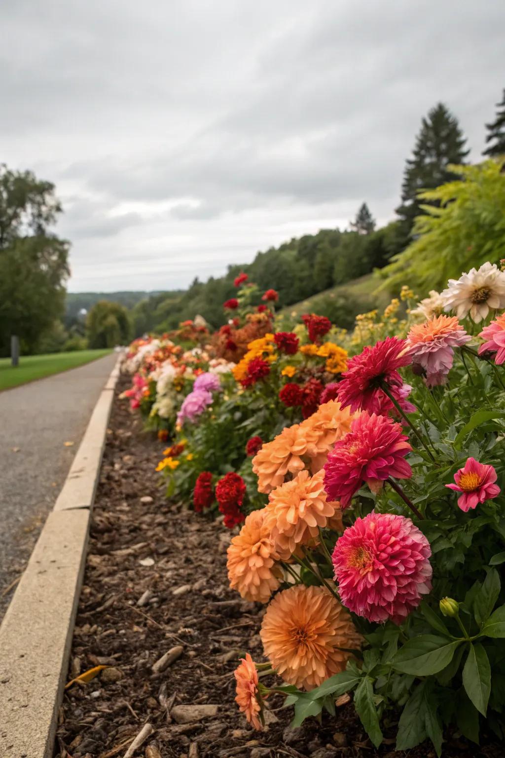 Colorful plantings add life to mulch borders.