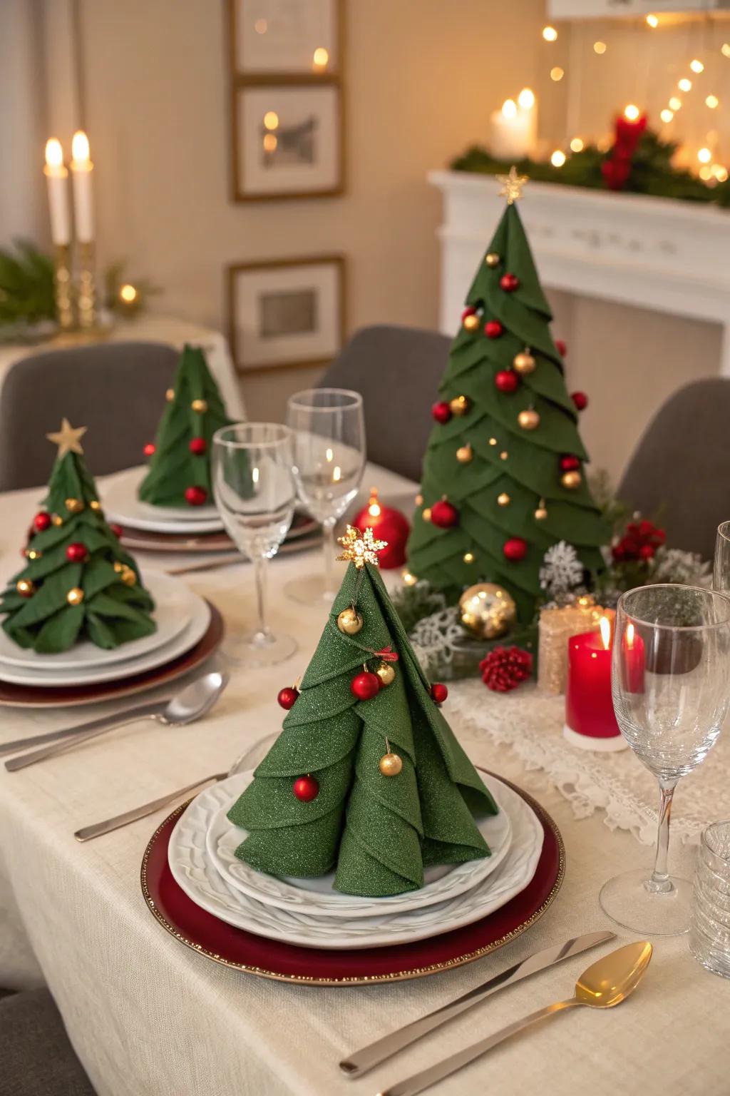 Infuse holiday cheer into your dining table with Christmas Tree napkin creations.
