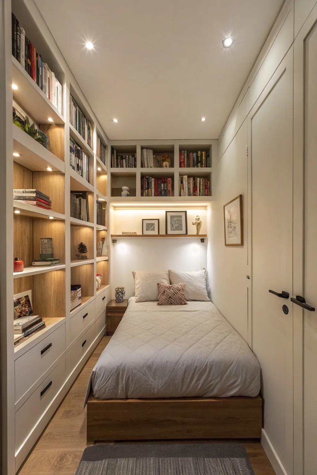 Built-in shelves maximize vertical space in a narrow bedroom.