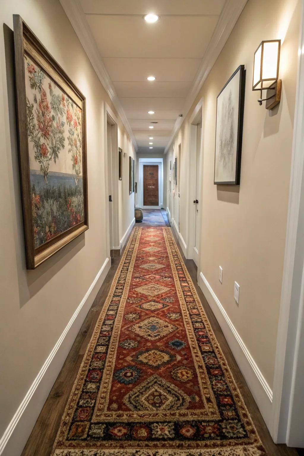 Long hall carpets can introduce warmth and delineation to a slim hallway.