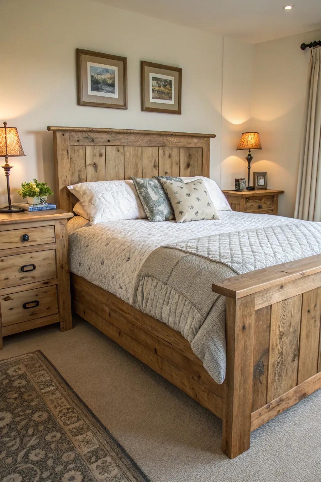 Repurposed wood enriches this bedroom with warmth and character.