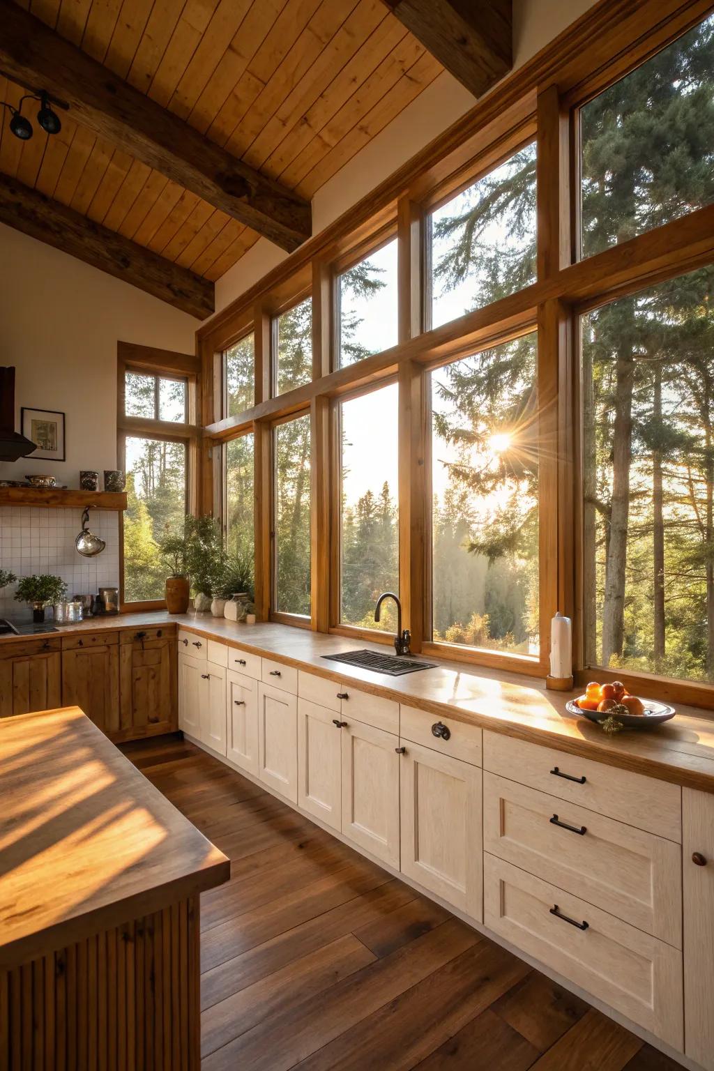 Expansive windows bathe the cooking area in ambient illumination, accentuating wood features.