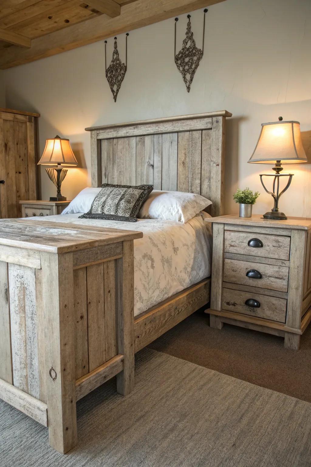 Weathered wood furniture adds rustic charm to nautical decor.