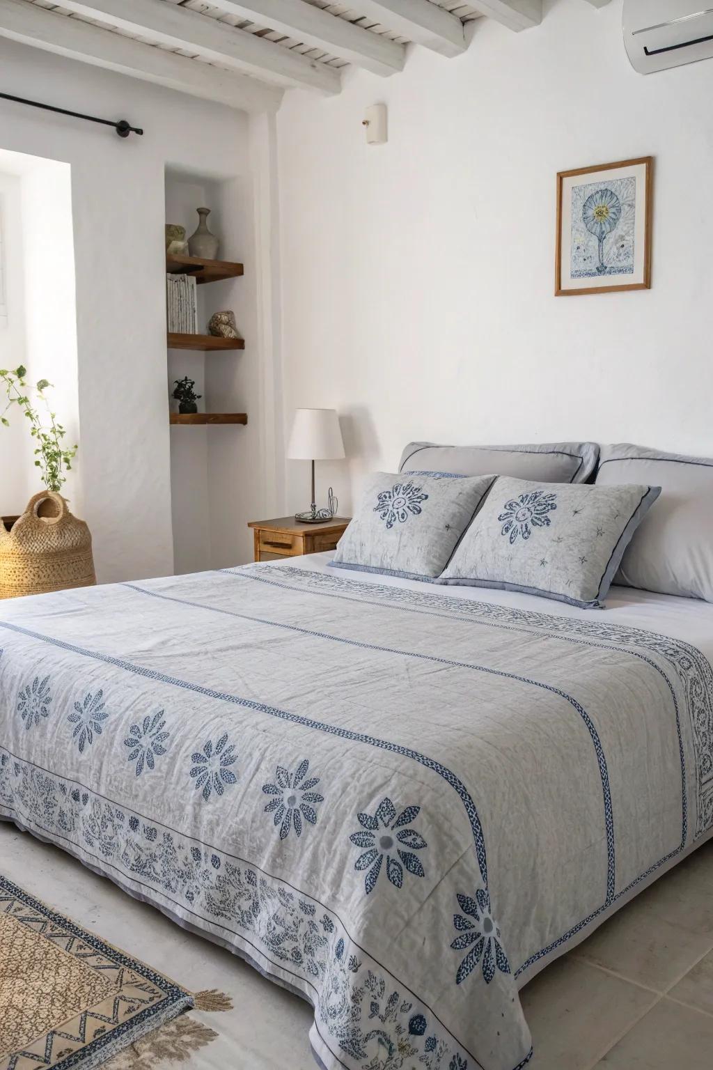 Subtle blue patterns on grey bedding give this minimalist bedroom sophistication.