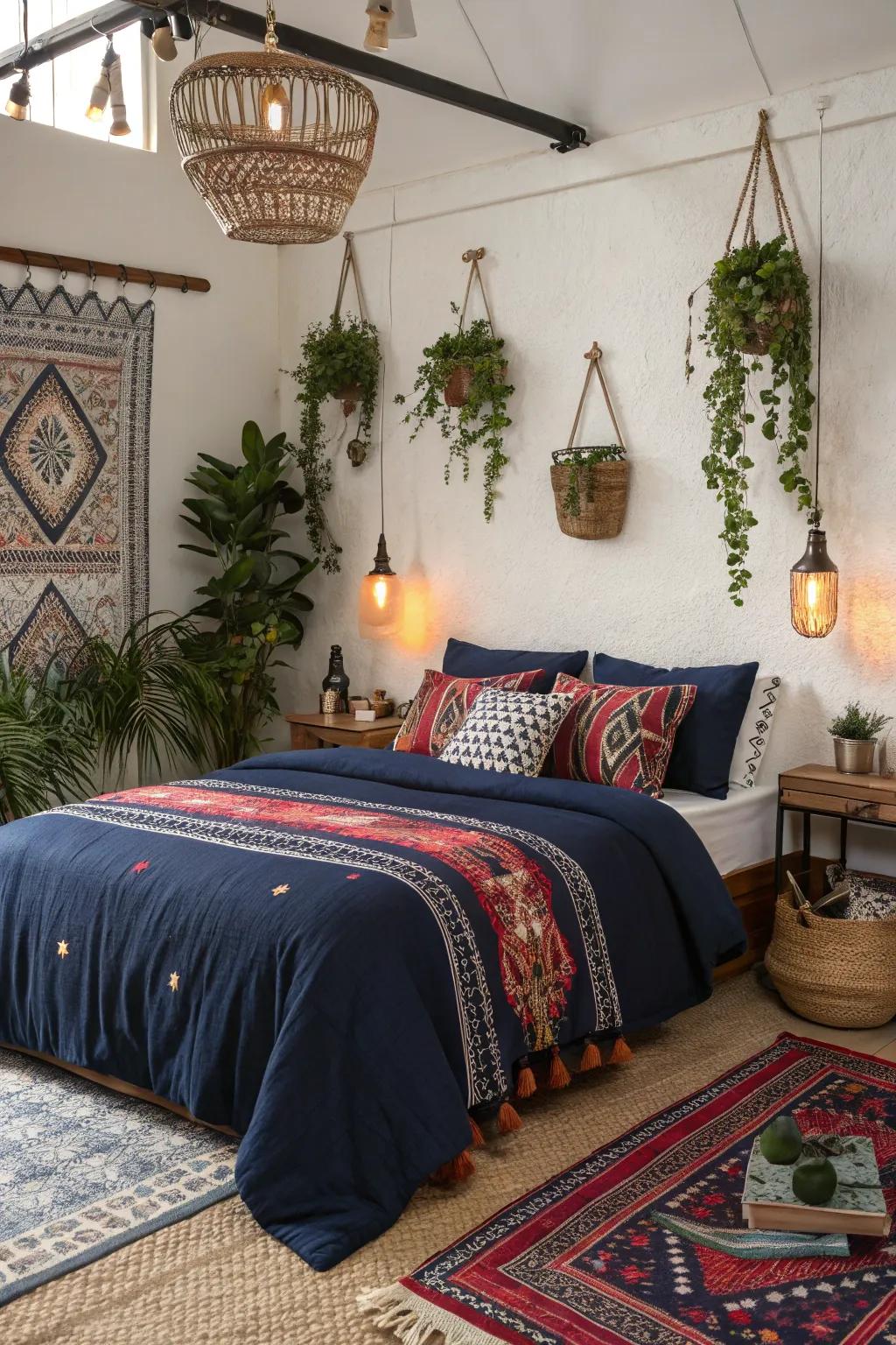 Create a bohemian retreat with navy layers and diverse patterns.