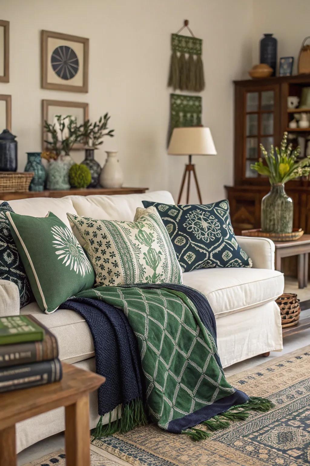 Patterned cushions breathe life into a deep blue and green palette.