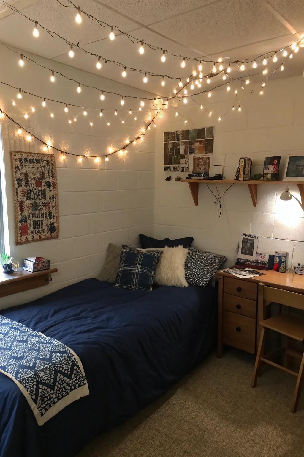 Fairy lights contribute a touch of enchantment to your navy-themed refuge.