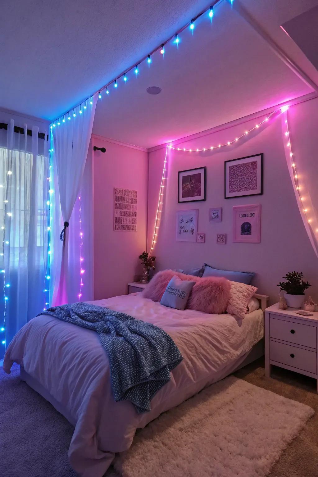 Ambient neon lights transform a bedroom into a peaceful oasis.