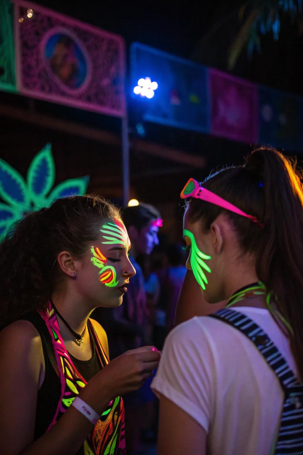 Attendees applying neon facial paint, creating glowing patterns that shine beneath the party lights.