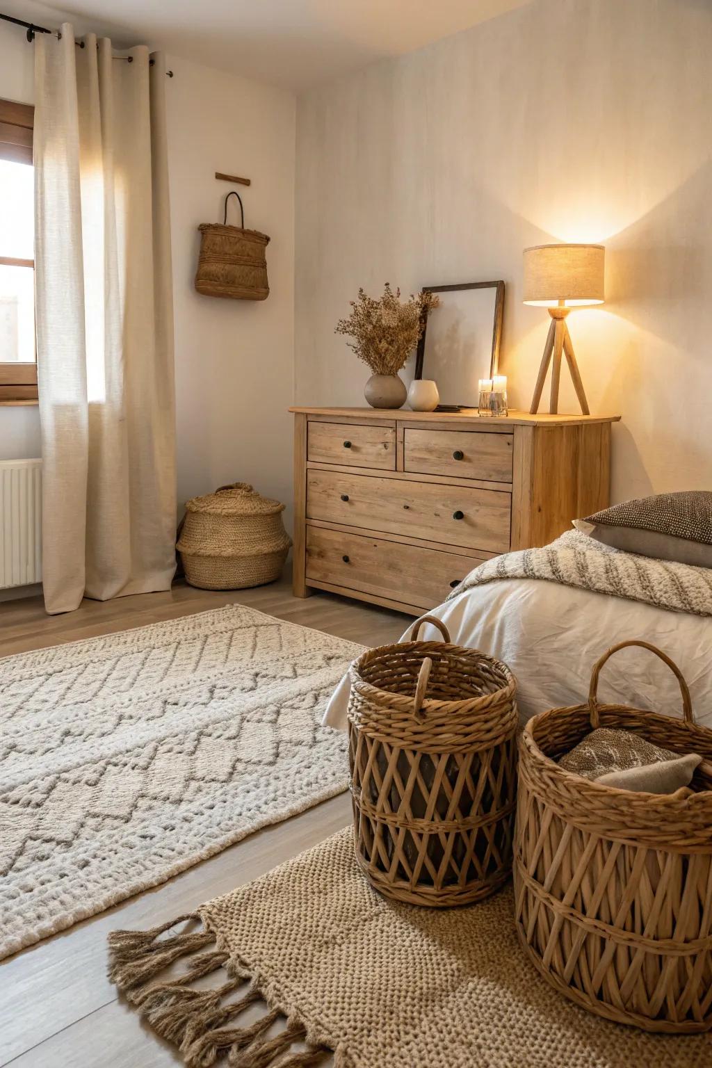 Natural textures add an earthy element to the bedroom.
