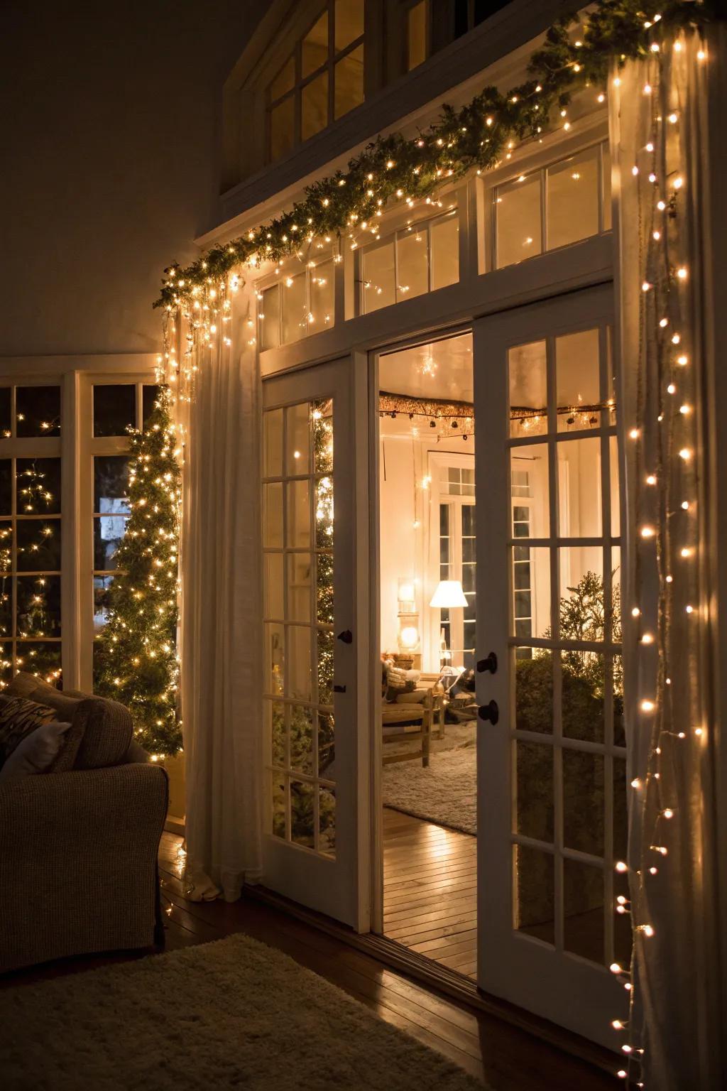 An area immersed in the snug radiance of fairy lights.