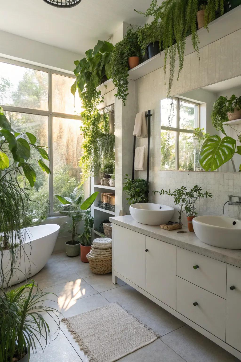 A lush bathroom with a variety of plants for a refreshing environment.