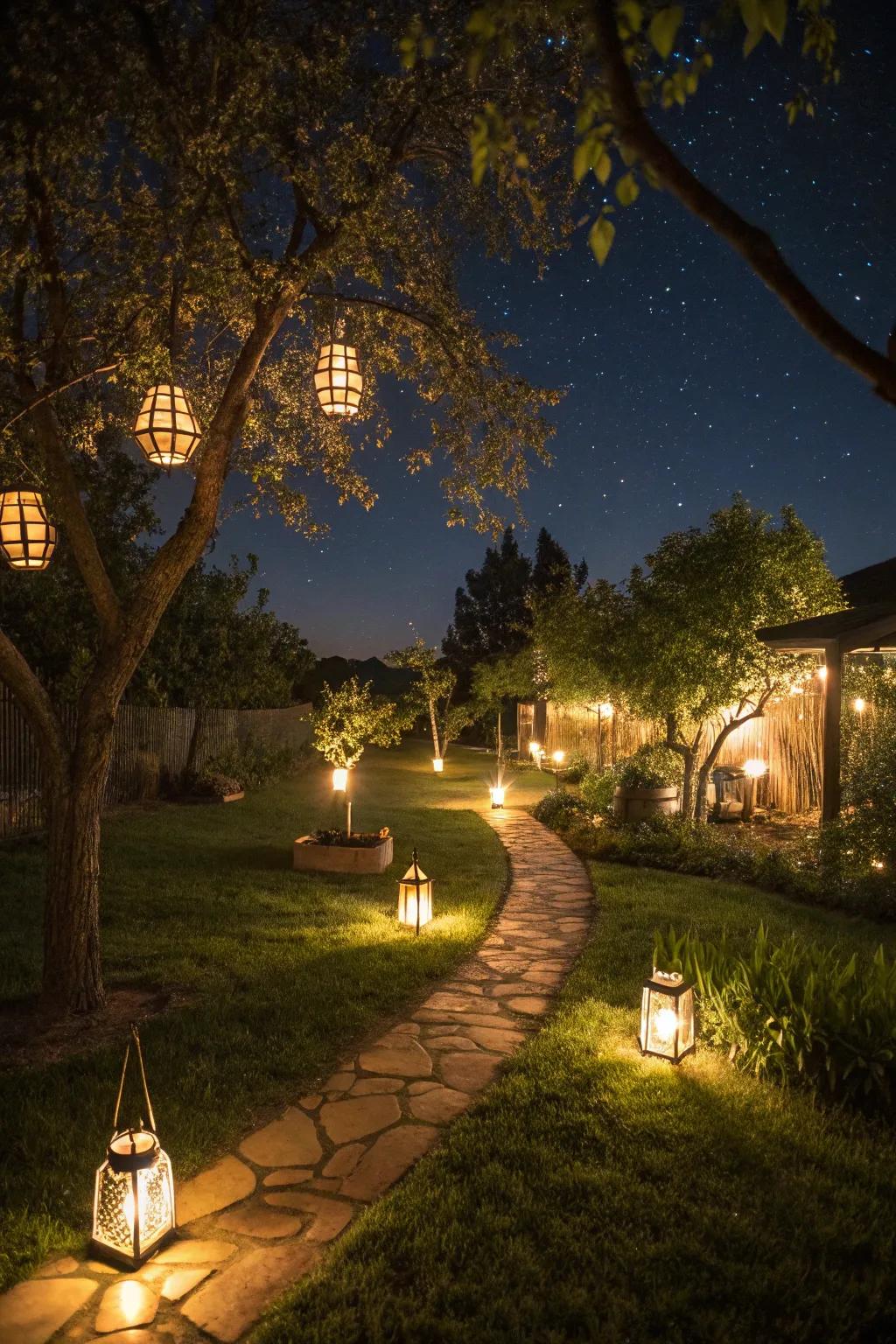 Lanterns cast a whimsical glow upon your outdoor space.