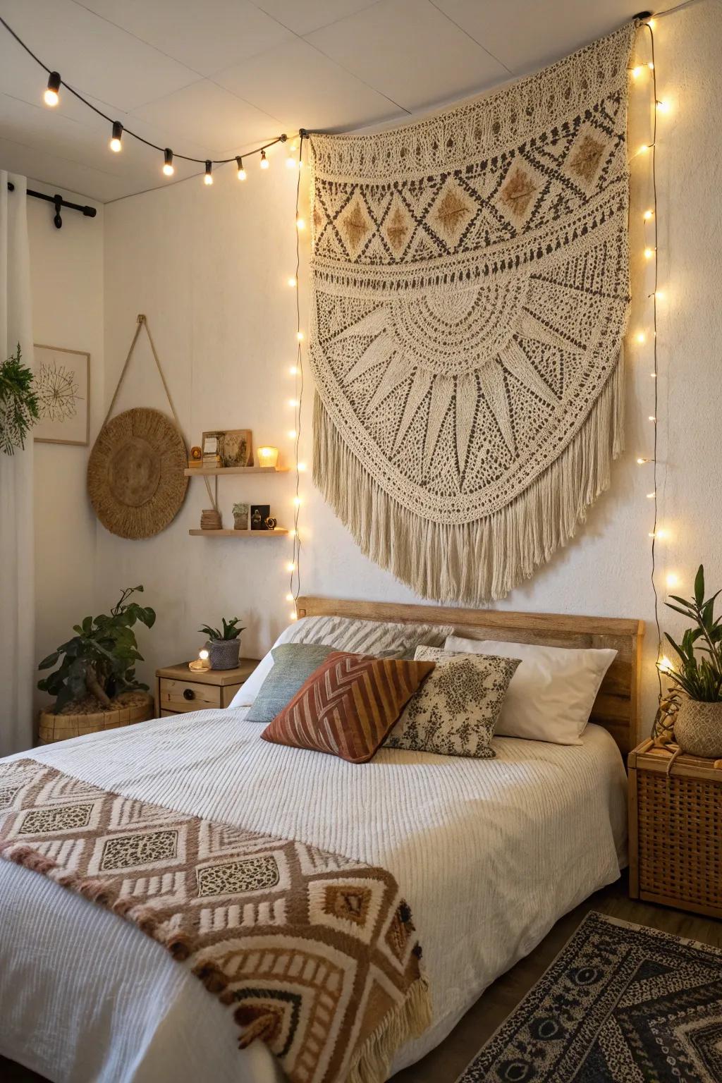 A woven wall hanging contributes a boho-chic essence to the bedroom's aesthetic.
