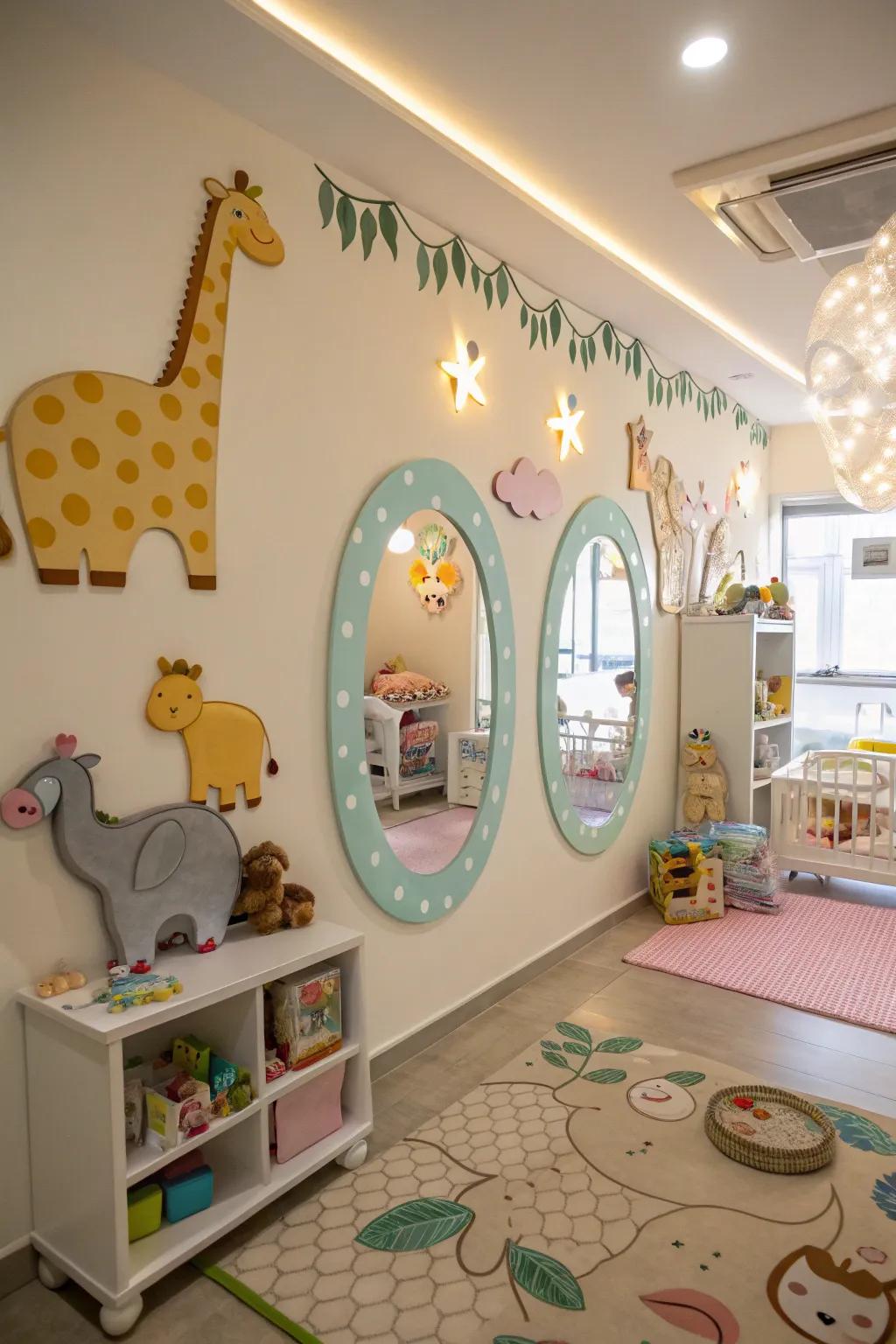 Mirrors shaped like animals contribute a playful atmosphere to this nursery.