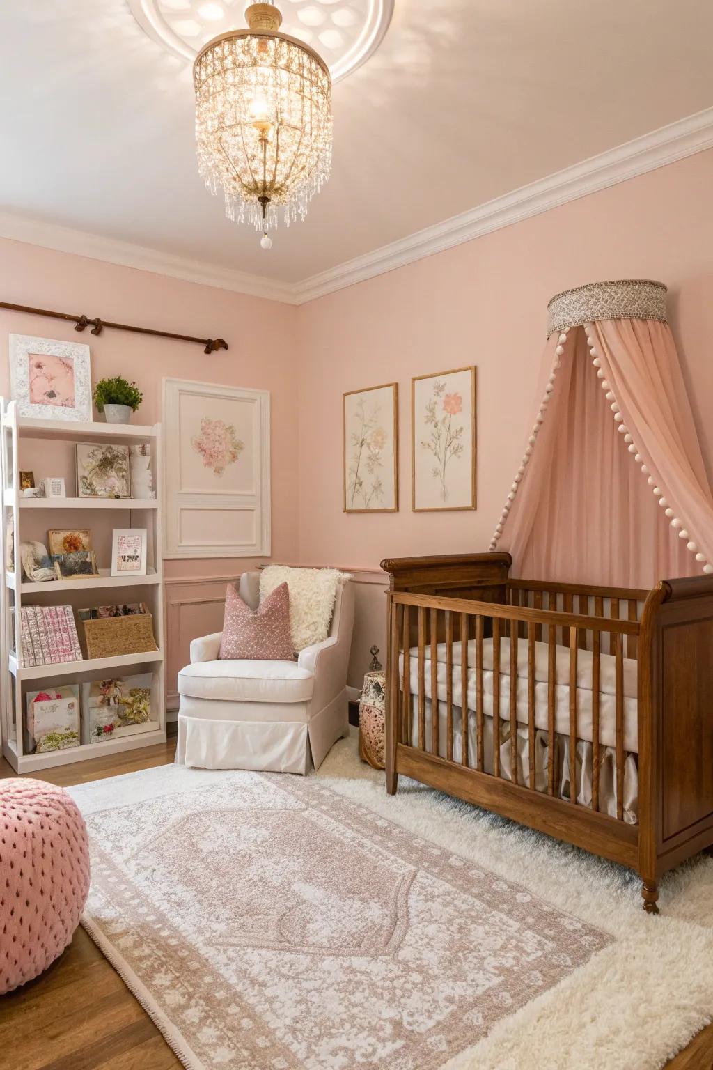 A snug nursery with subtle pink bloom walls.