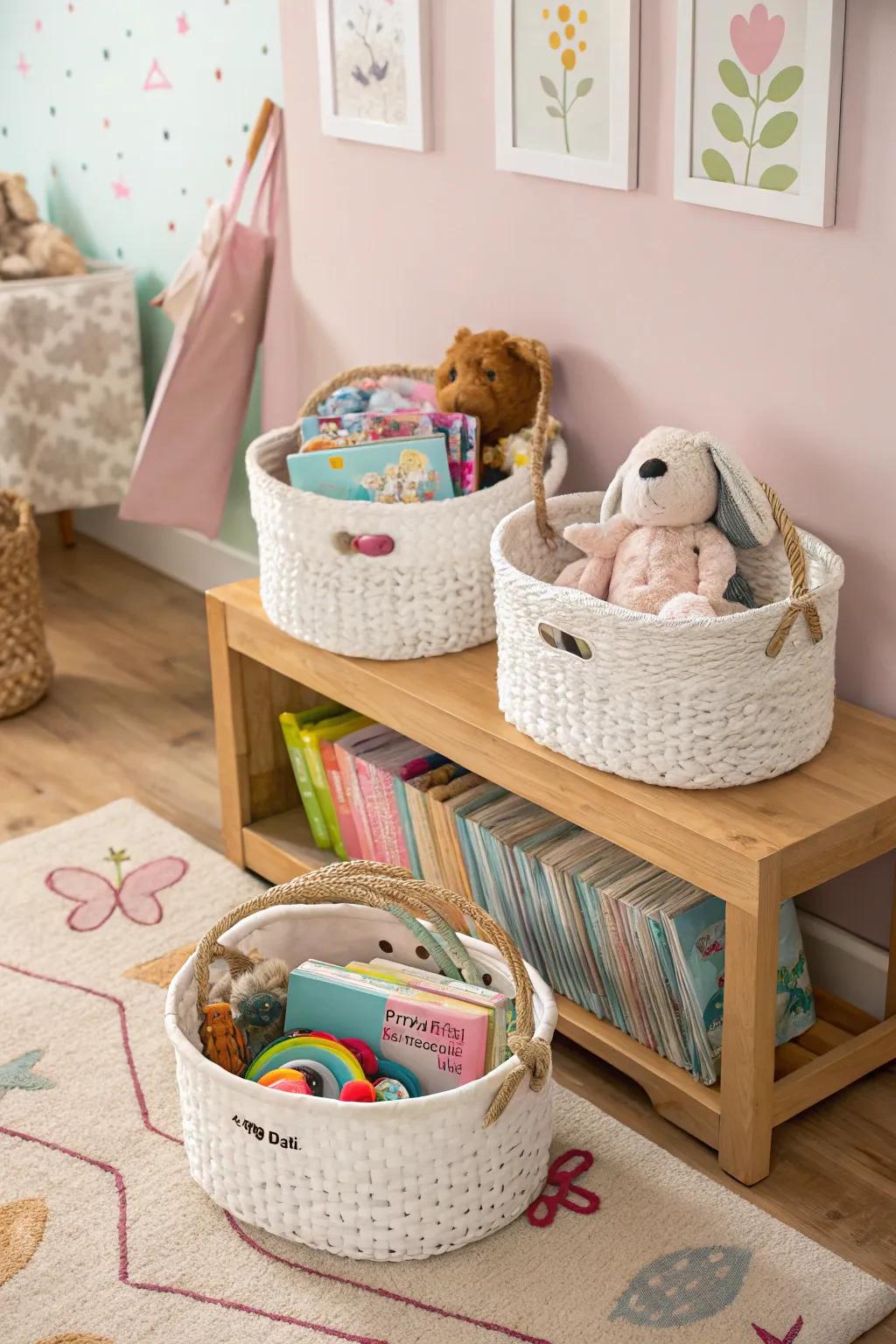 Stylish and efficient decorative baskets for organizing the nursery&rsquo;s necessities.