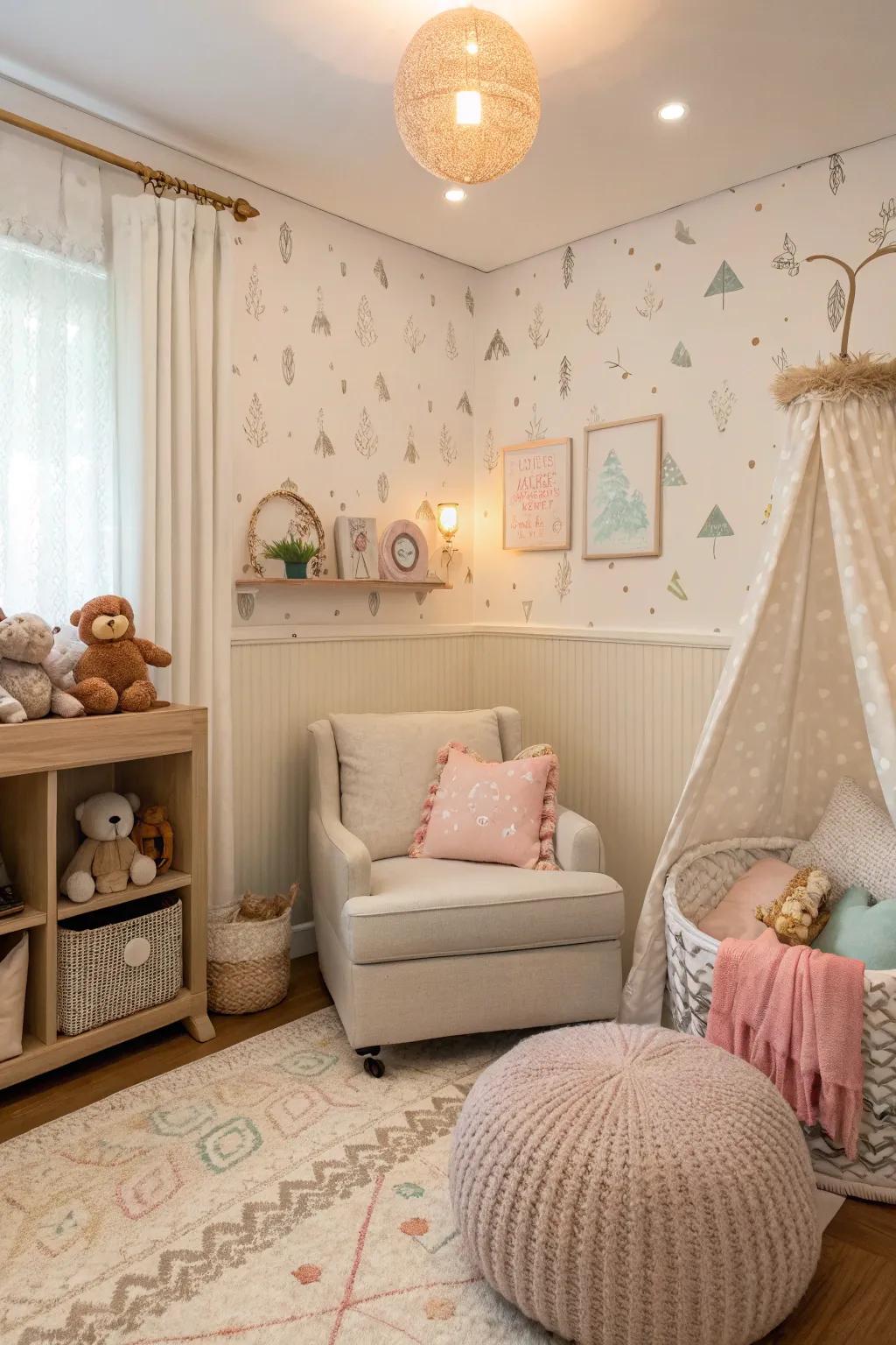 Soft neutrals provide a calming backdrop for a nursery.