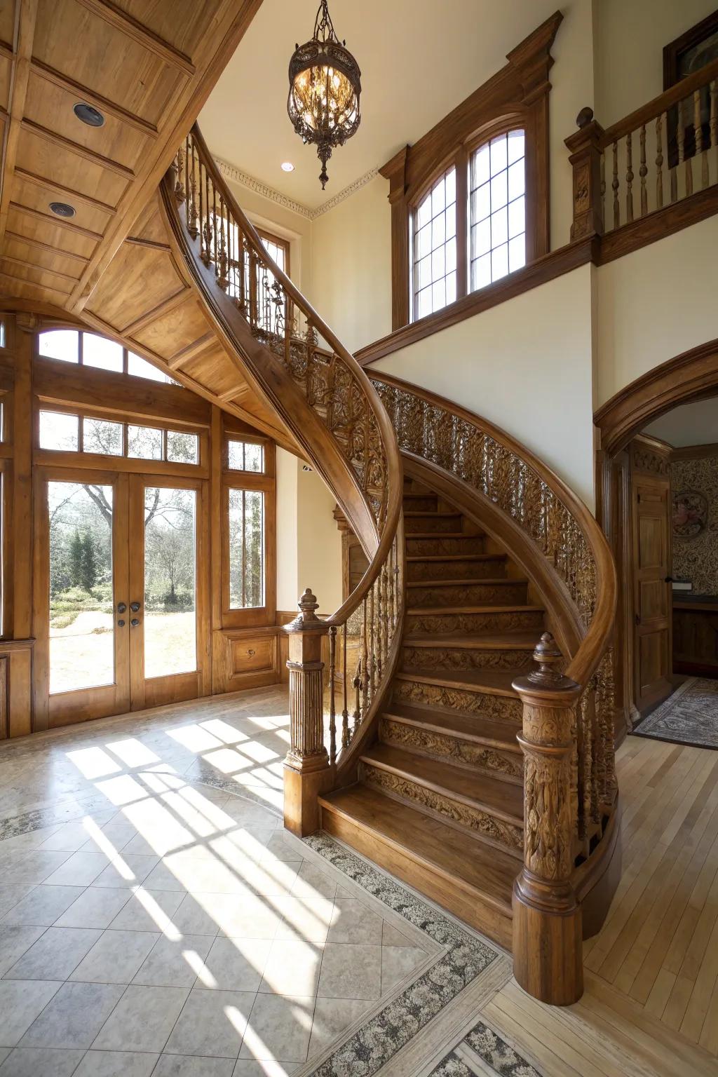 An enchanting winding oak staircase that radiates sophistication and allure.