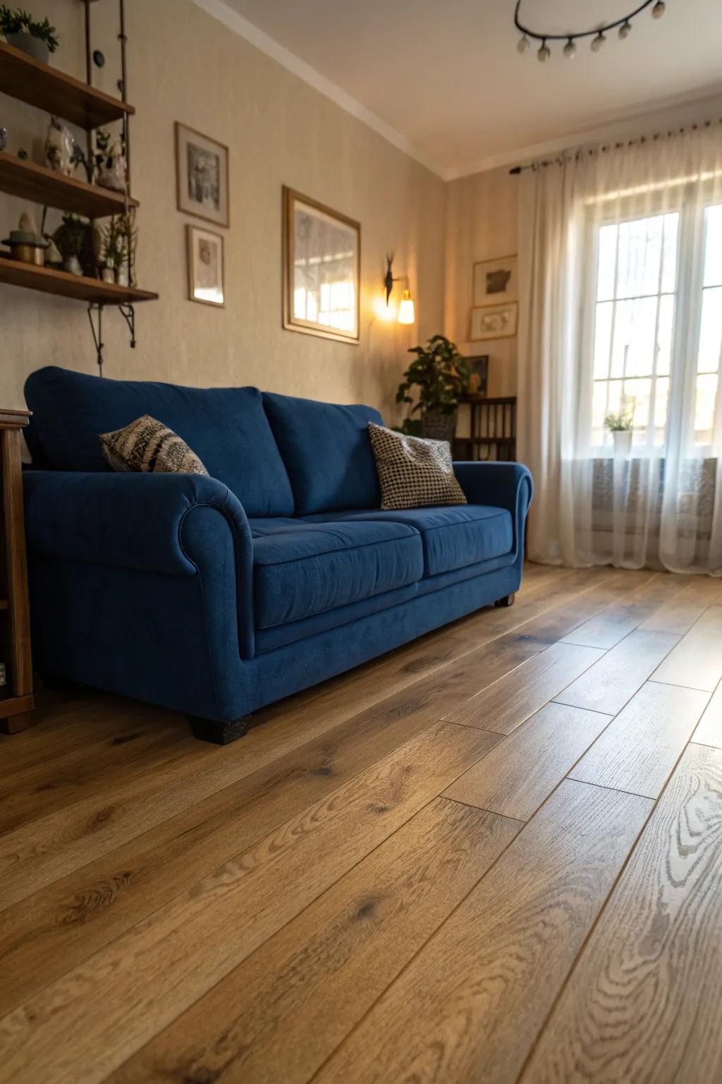 Striking furniture choices offer a vibrant contrast against oak flooring.