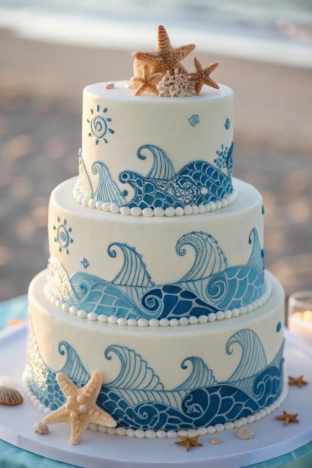 A cake that reflects the spirit of the ocean with its wave-like pattern.
