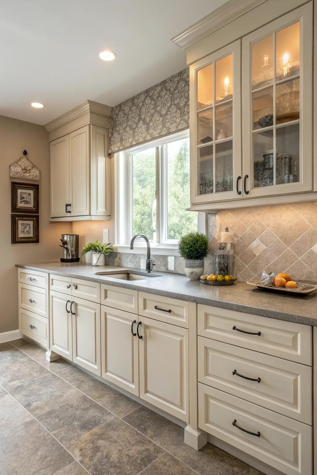 Soft tones blend well with cream cabinets.