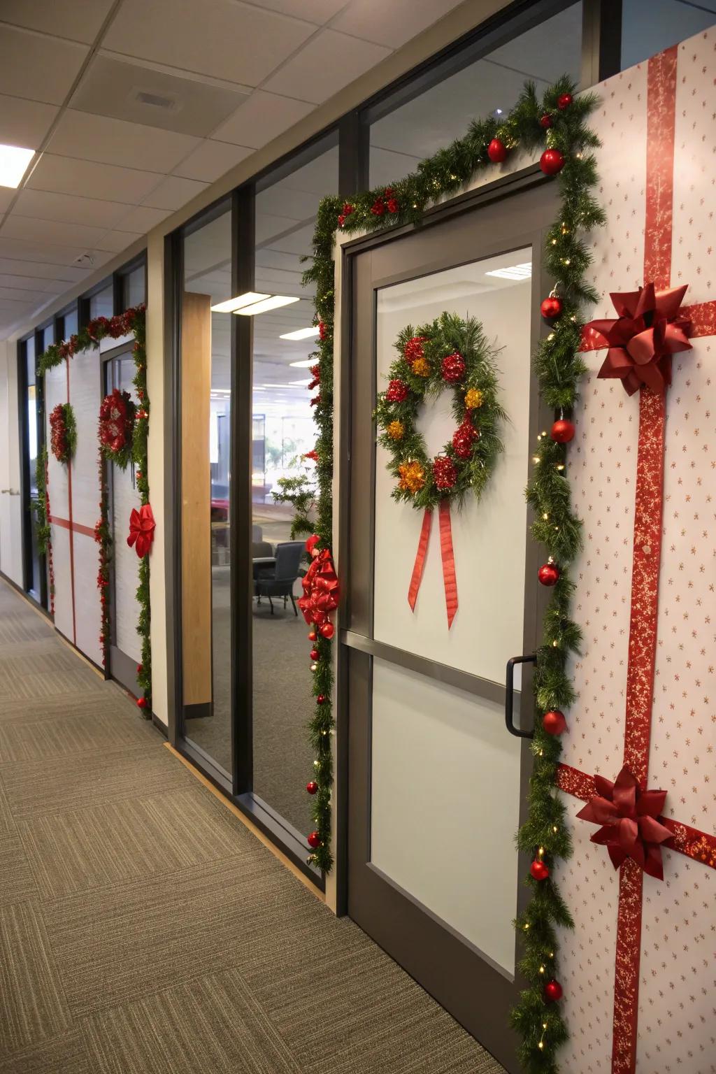 Office doors reimagined as festive canvases.