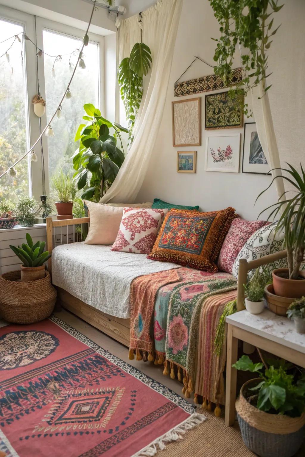A boho daybed infuses warmth and character into your workspace.