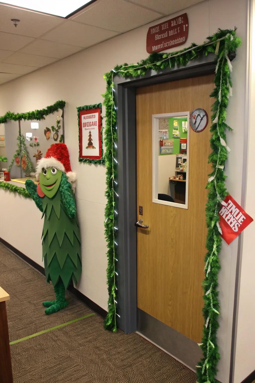 The Grinch makes a mischievous entrance, poised to steal the holiday magic!
