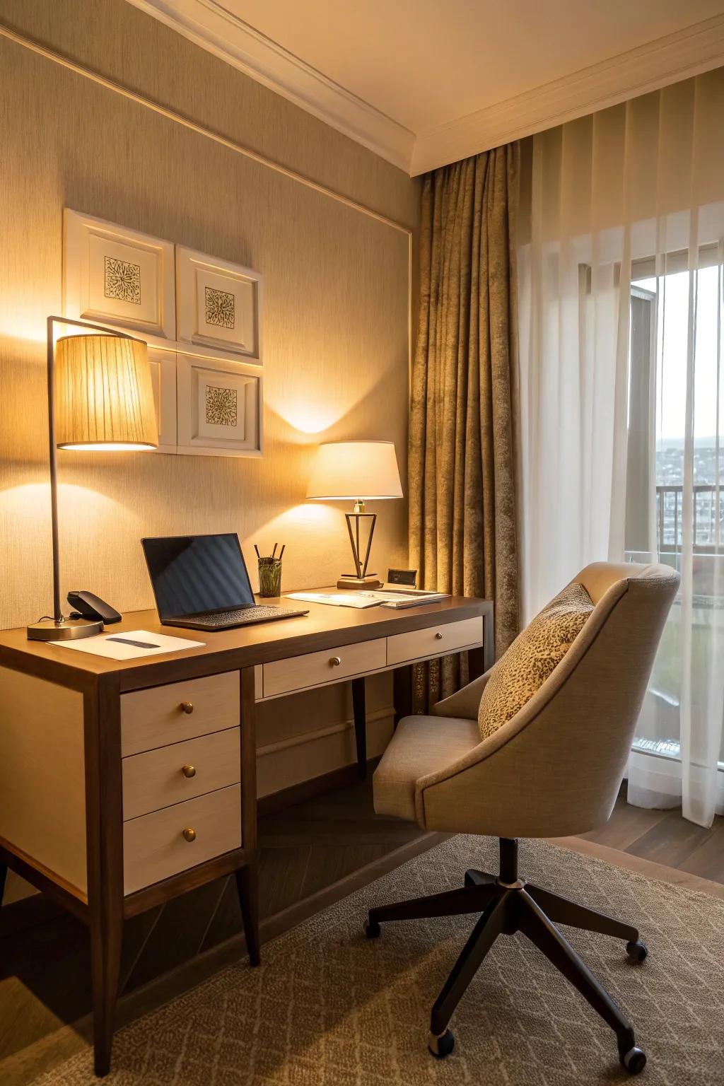 Dim lighting makes a soothing and welcoming work area.