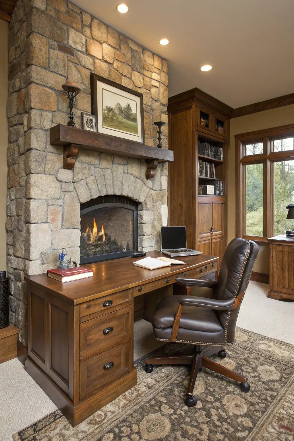 A stone fireplace adds a unique touch to the workspace.