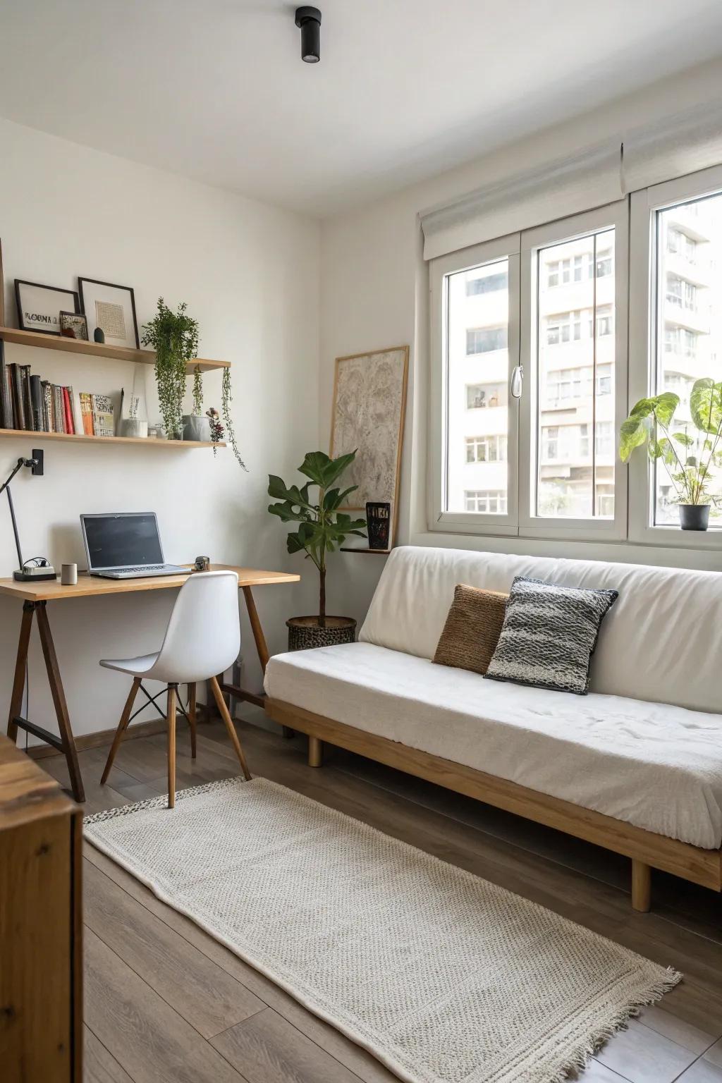 A minimalist home office showcases a streamlined transforming couch.