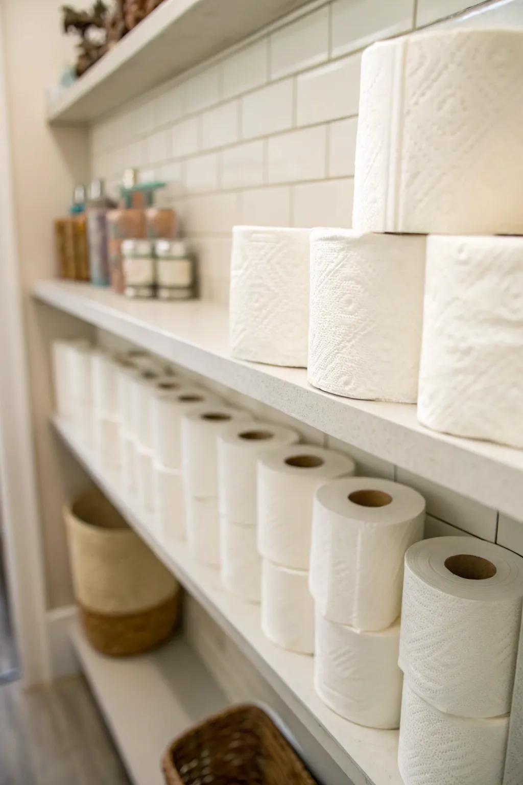 Accessible and observable toilet tissue storage on open shelves.