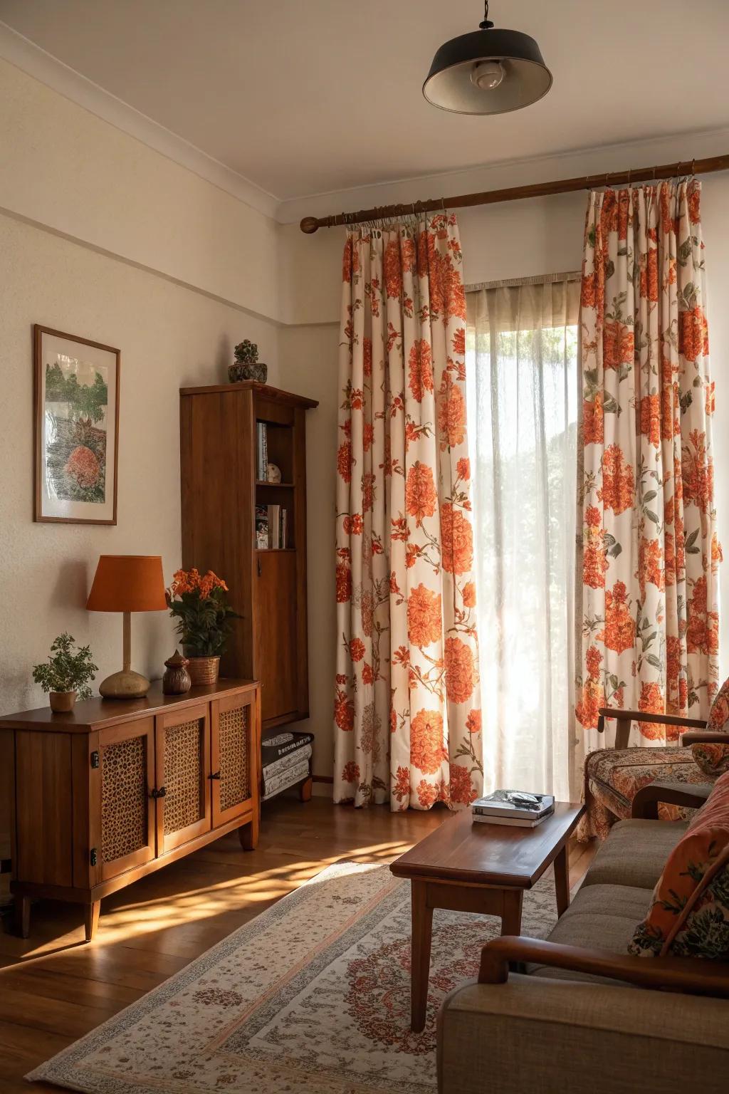 Orange floral window coverings adding a playful and natural charm.