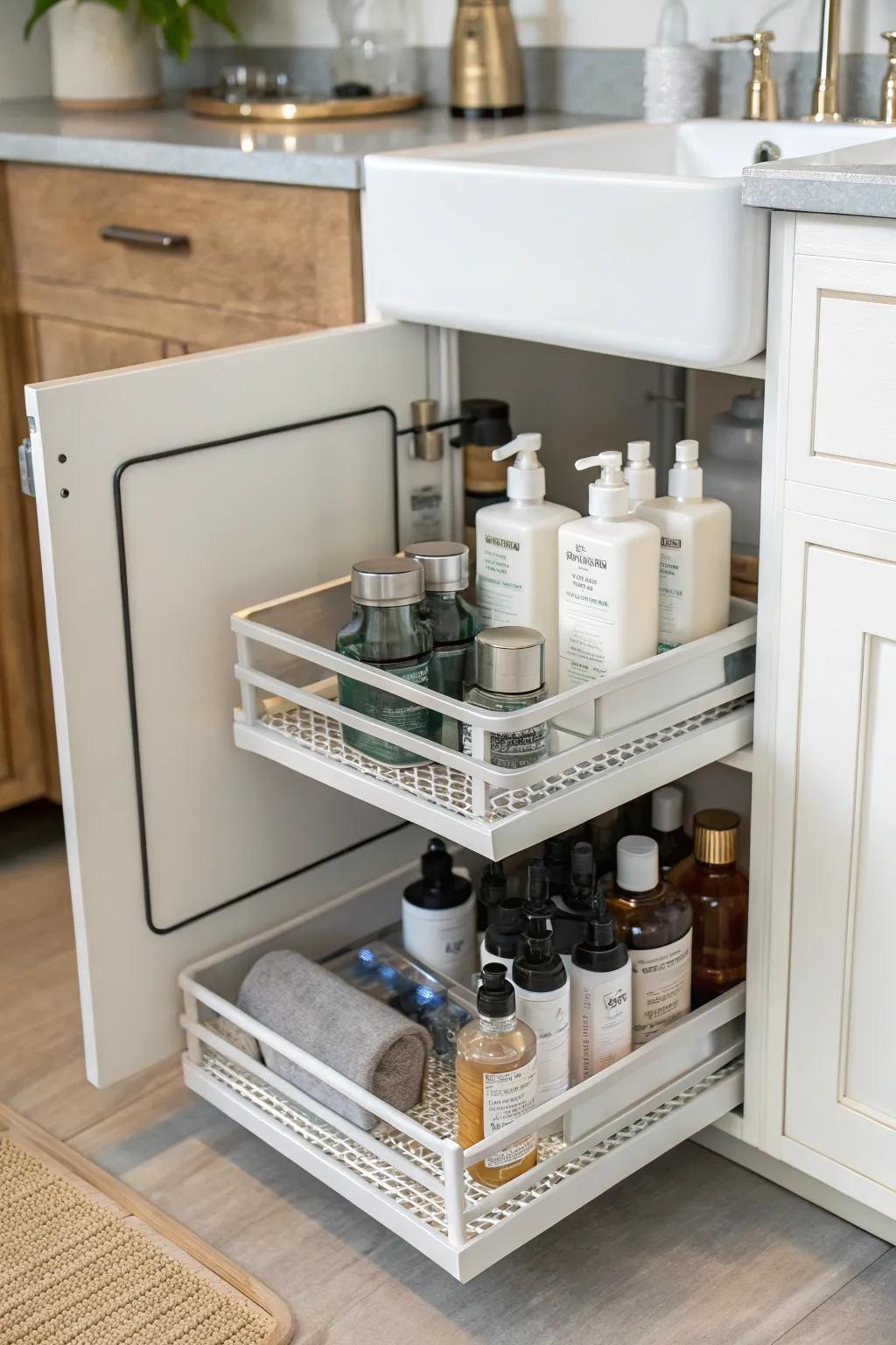 Utilize height space under your sink with shelves that use height.
