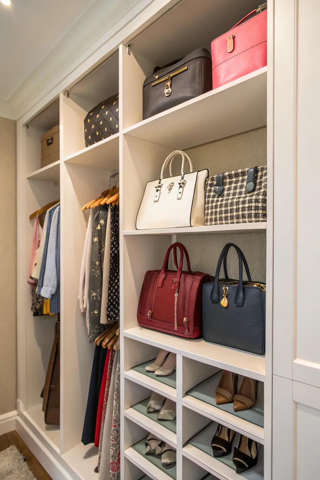 Cubbies afford specific homes for each purse, guaranteeing they stay immaculate.