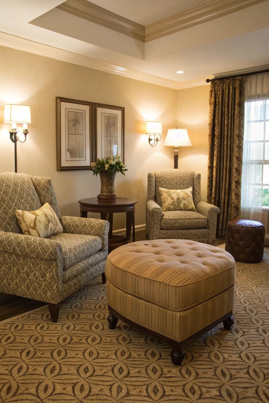 An ottoman serving as adaptable seating in a welcoming ambiance.
